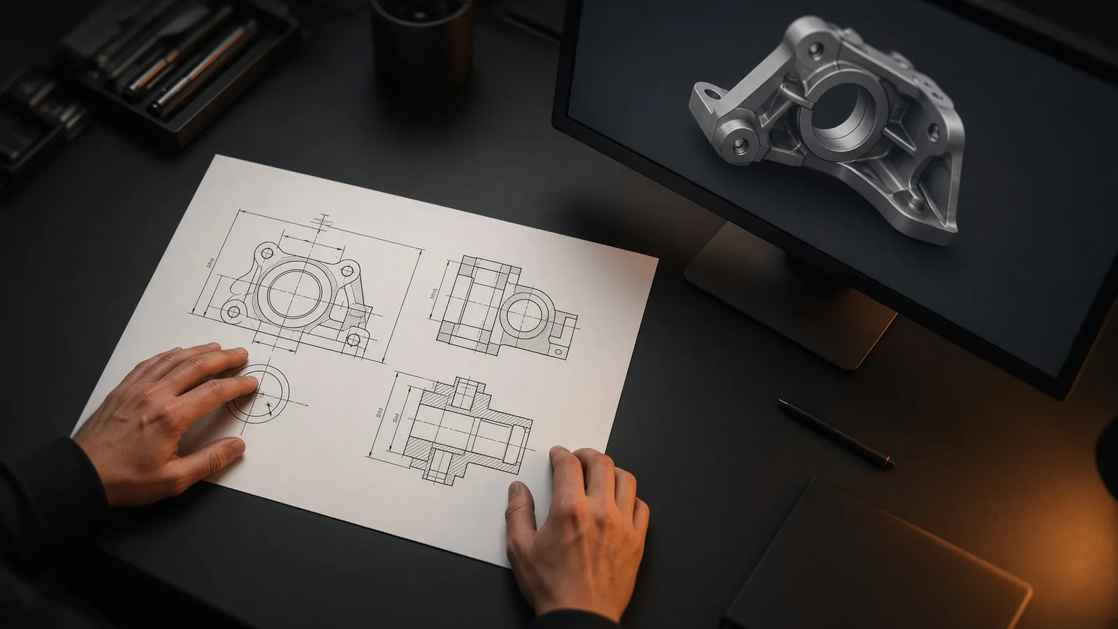 Disegno meccanico quotato su una scrivania accanto a un modello tridimensionale a schermo